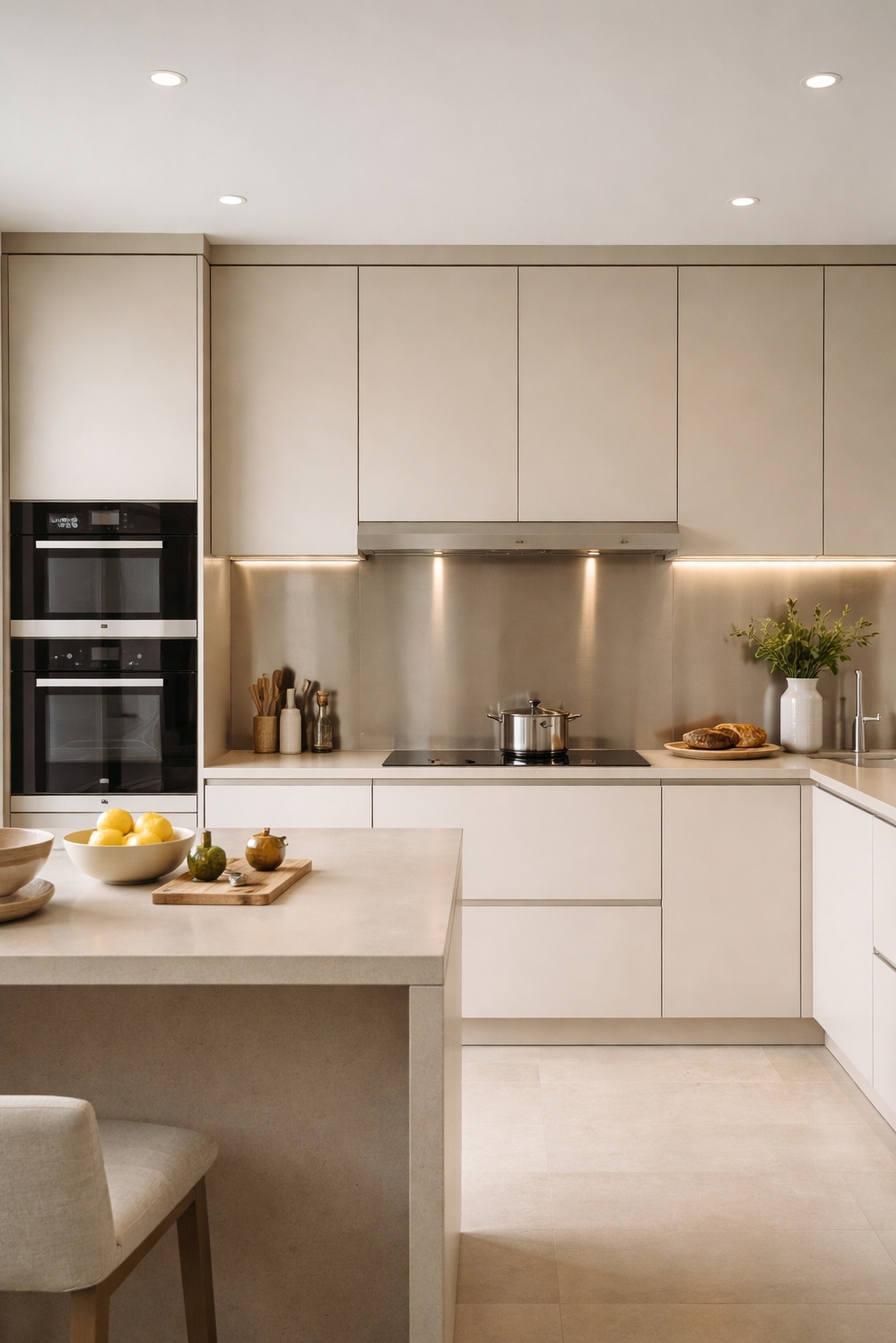 Beige and Cream Kitchen Cabinets - Sleek Cabinets Create Calming Kitchen Effect - These sleek, beige and cream kitchen cabinets create...