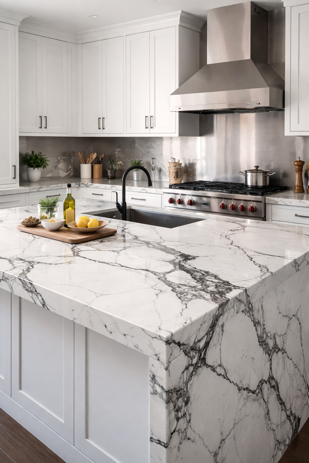Bold Veined Kitchen Countertops - Dramatic Veins Make Quartz Statement - These **bold veined countertops** really make a statement....