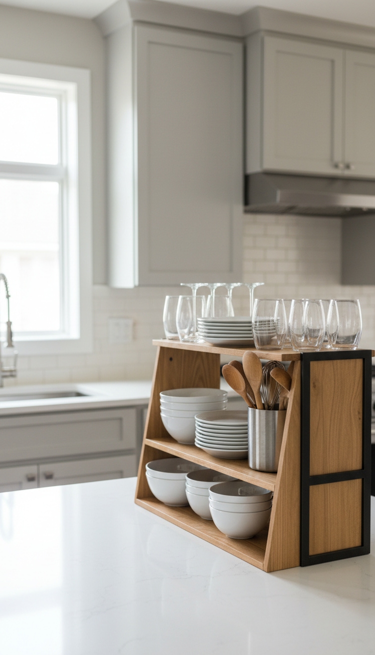 Countertop Hutch for kitchen storage - Tiered Hutch: A Modern Kitchen Addition - The two-tiered countertop hutch stands out, a smart...