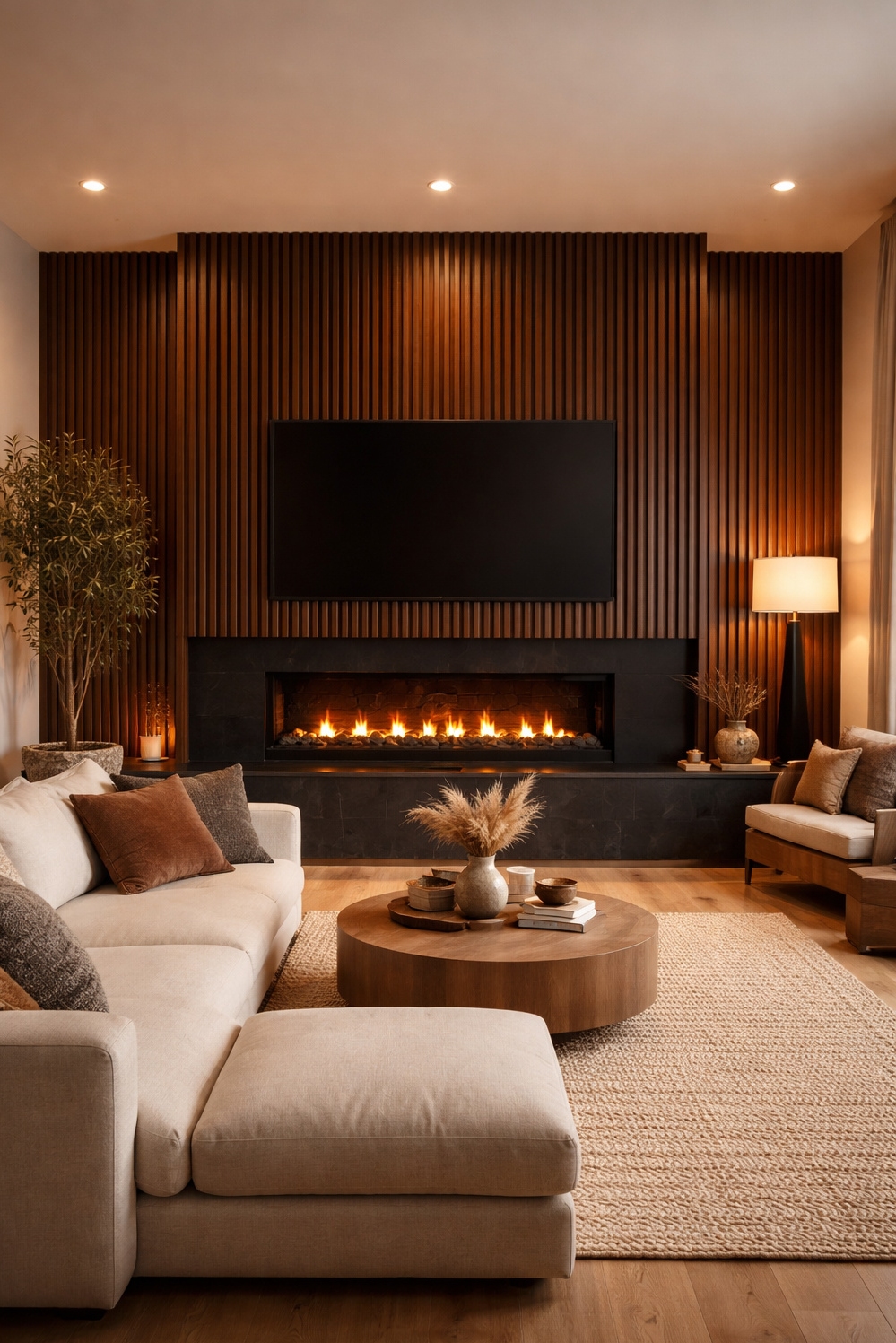 modern wood slat wall ideas - Dark Wood Slats: Striking Focal Points - These dark-stained wood slats create a striking focal...