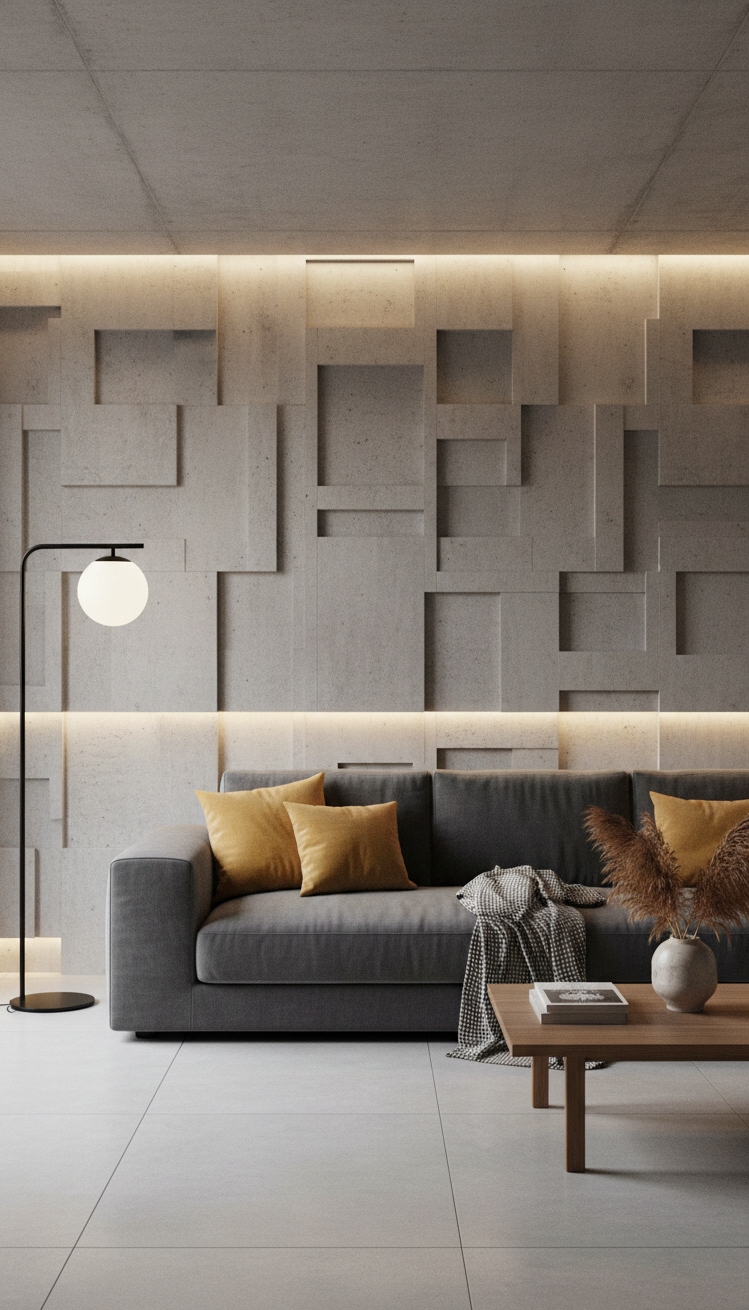 wall behind sofa design ideas - Textured Wall Makes a Statement - The textured concrete wall makes a statement. It...