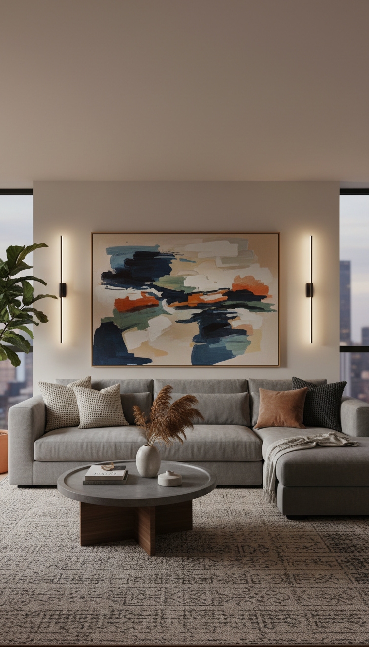 wall mounted lights living room - Sconces Highlighting Art with Gentle Glow - These wall sconces cast a gentle glow, highlighting...