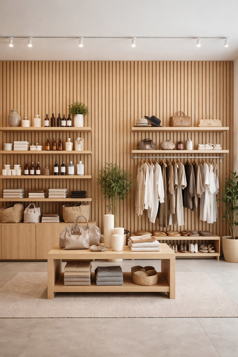 modern wood slat wall ideas - Light Wood Slats: Retail Backdrop - These light oak wood slats create a backdrop...