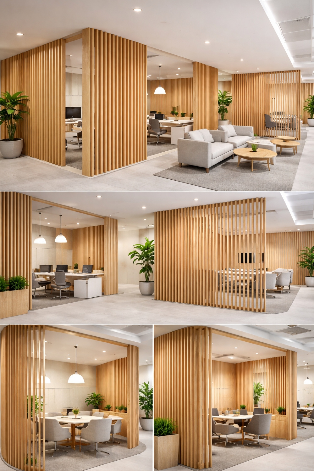 modern wood slat wall ideas - Light Wood Slats Bring Calm Office - These light oak wood slat wall ideas bring...