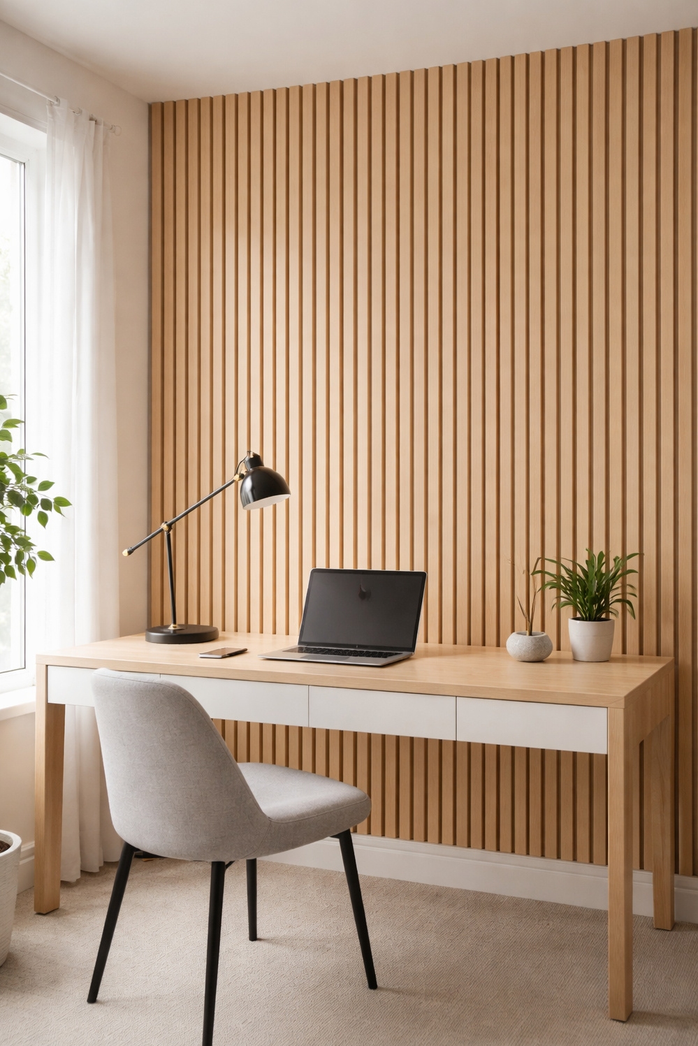 modern wood slat wall ideas - Maple Slat Walls: Home Office Warmth - The light maple wood slat wall brings warmth...