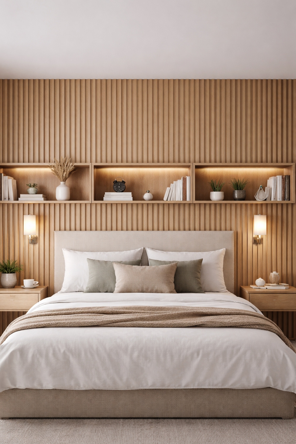 modern wood slat wall ideas - Light Wood Slat Headboard Feels Inviting - These light wood slat wall ideas create a...