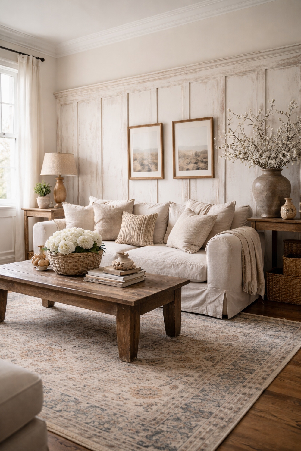 neutral wainscoting panels for living rooms - Calm Farmhouse Style: Wainscoting Panels - These neutral wainscoting panels create a calm vibe...