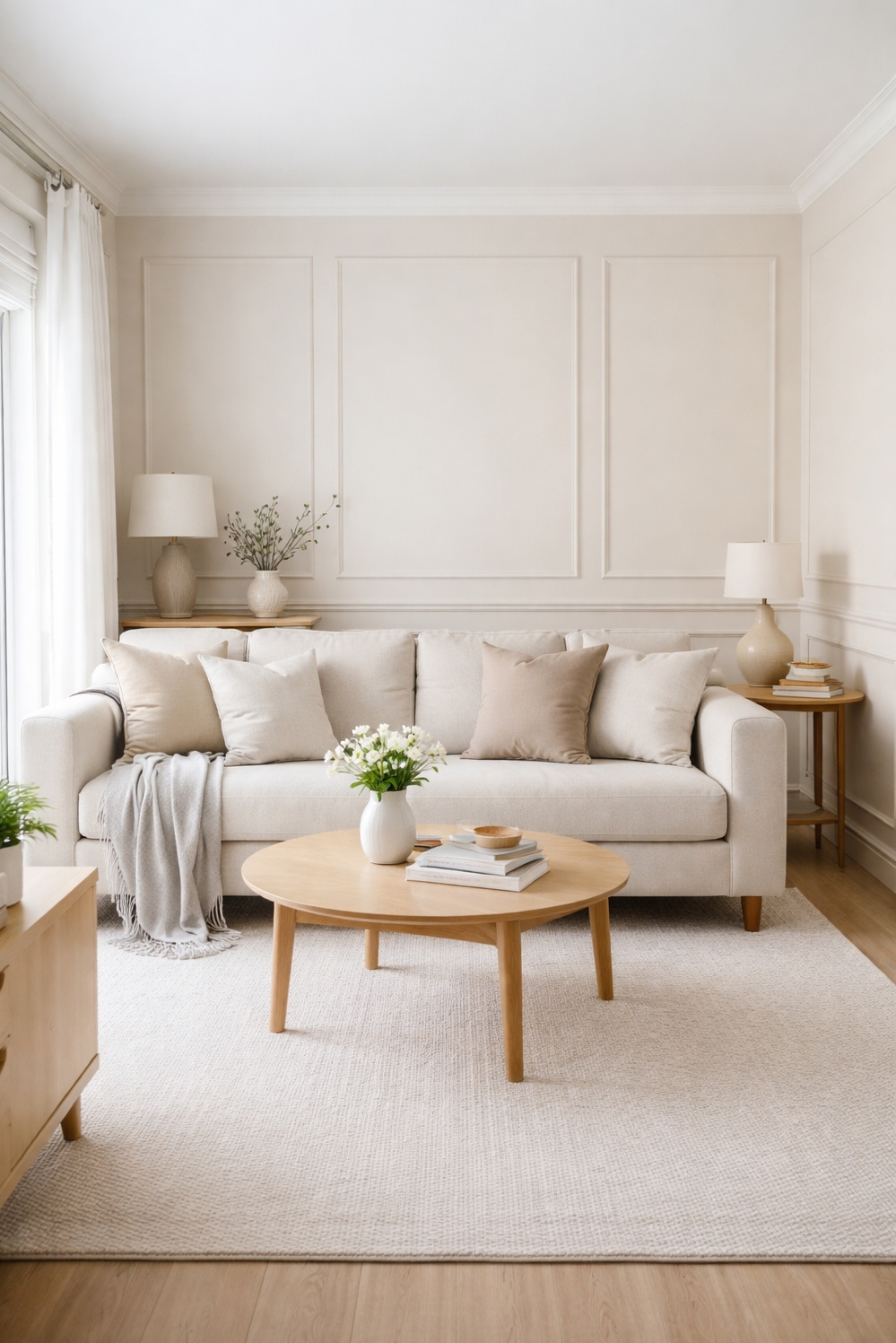 neutral wainscoting panels for living rooms - Bring With Quiet - These neutral wainscoting panels bring a quiet sophistication...