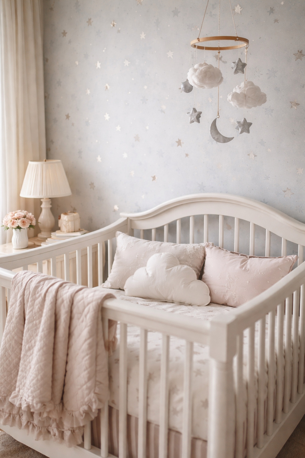 feminine wallpaper ideas - Light Blue Walls: A Calm Nursery - These light blue walls in the nursery feel...