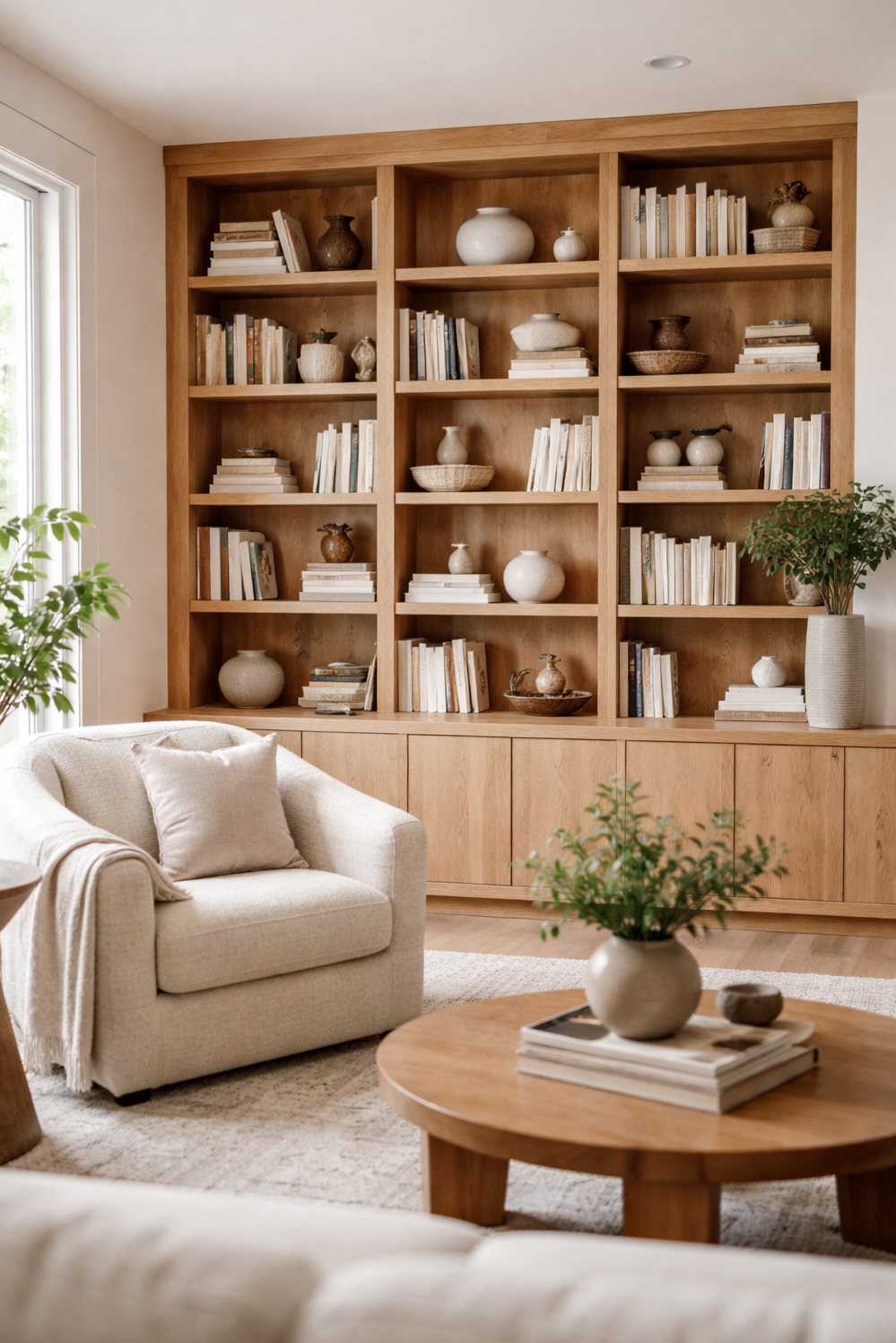 organic neutral living room - Natural Wood Shelves: Warmth and Personality - These natural wood shelves, built into the wall,...