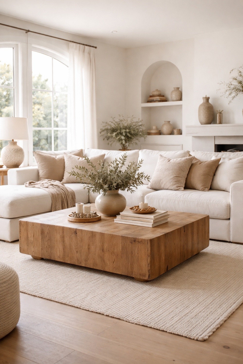 organic neutral living room - Linen Drapes Pool Slightly on Floor - These linen drapes pool slightly on the floor,...