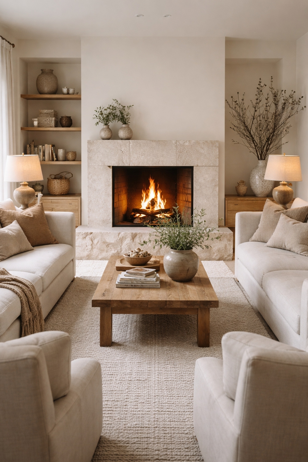 organic neutral living room - Fireplace Anchors Neutral Living Space - The fireplace commands attention in this organic neutral...