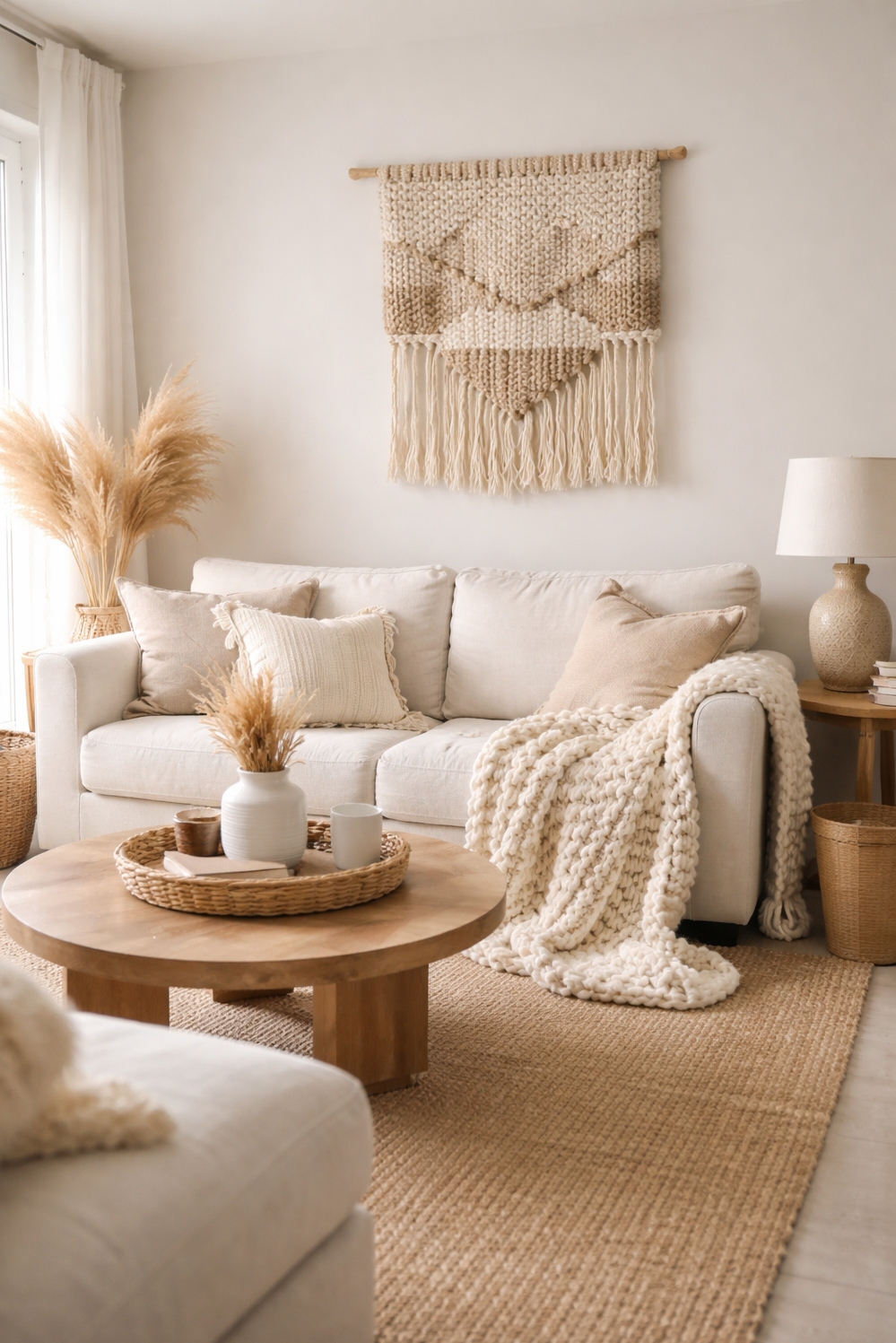 organic neutral living room - Chunky Knit Blanket: Sink Into Comfort - The chunky knit blanket practically begs you to...