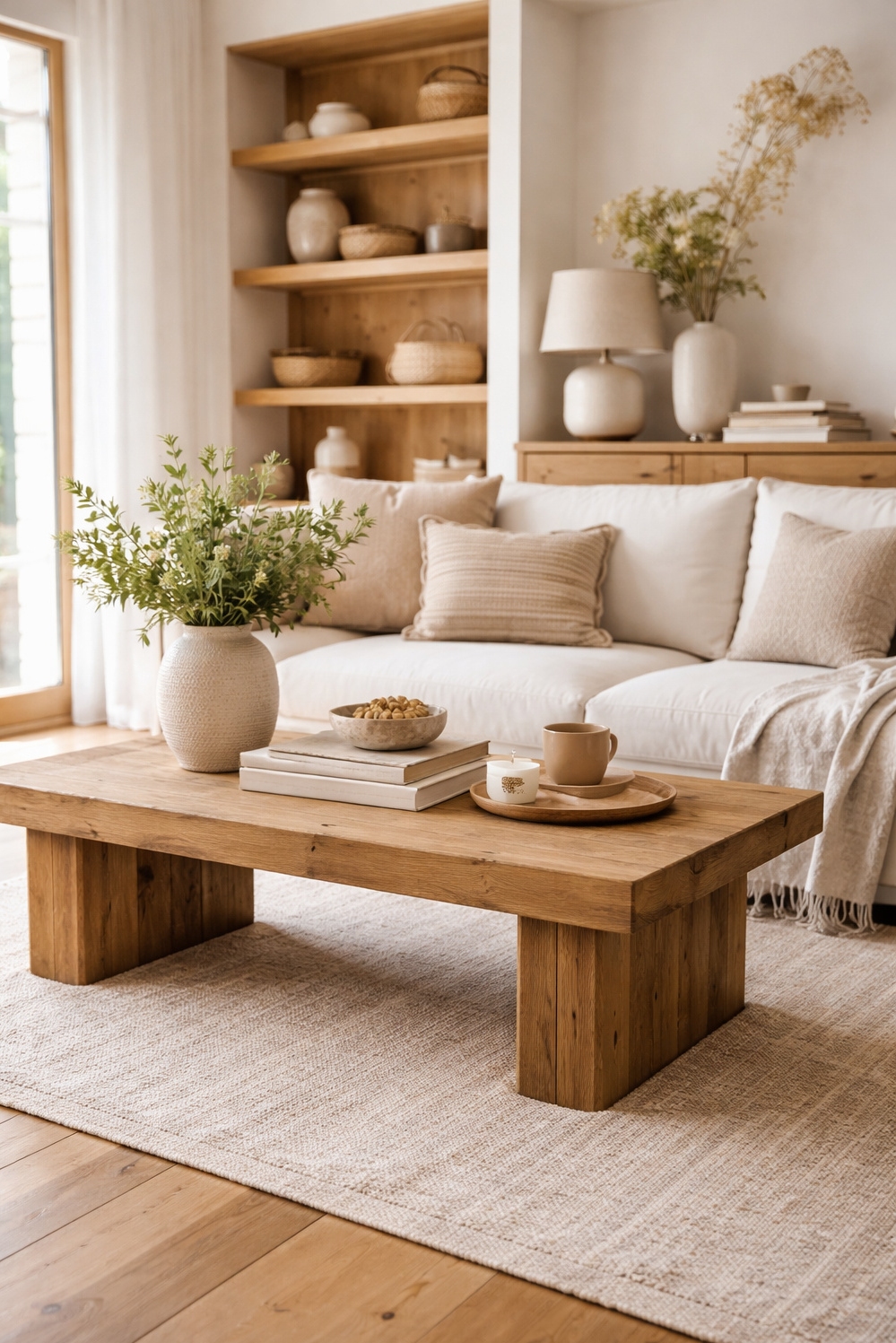 organic neutral living room - Wooden Shelves Catch the Eye - These wooden shelves really catch the eye. The...