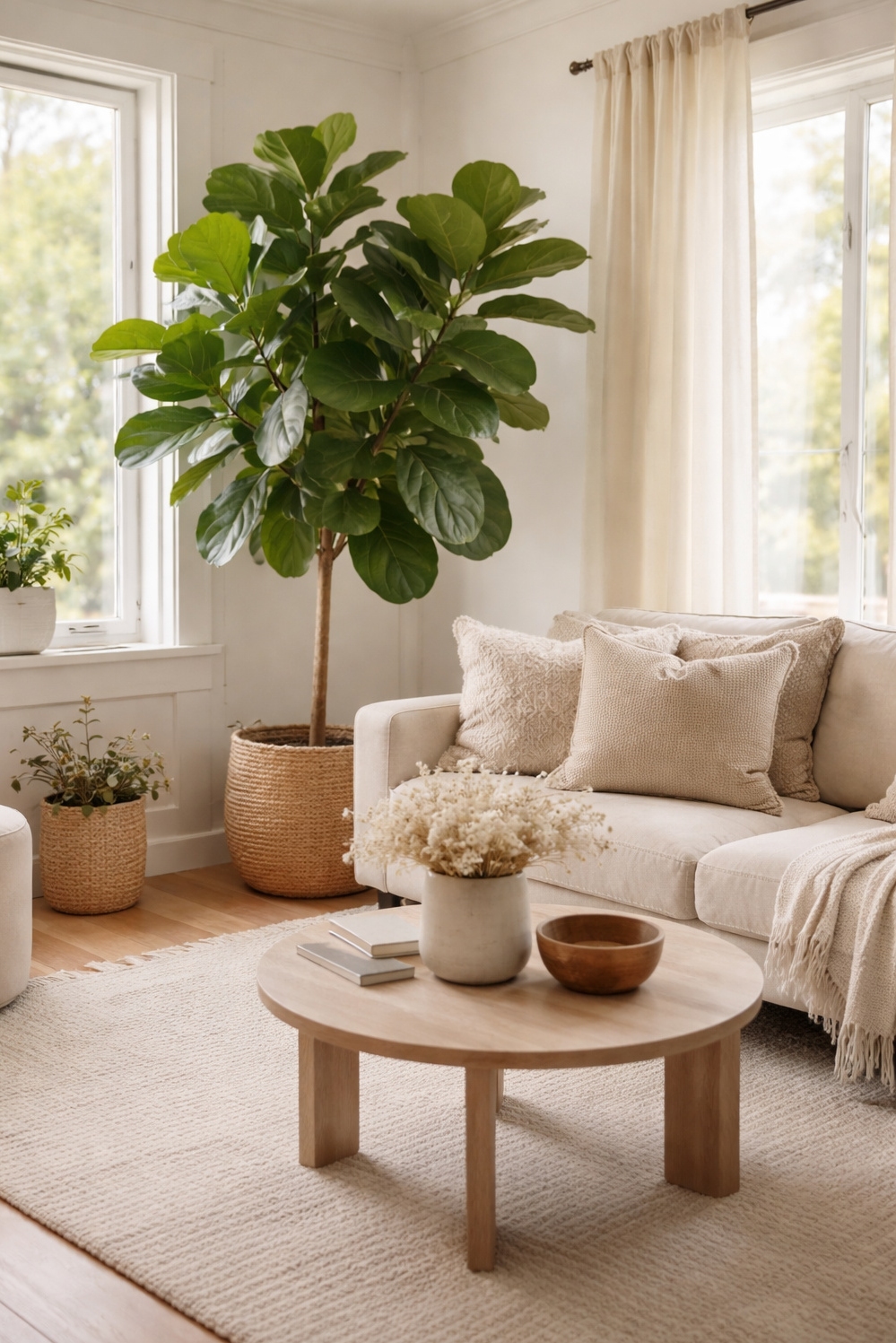 organic neutral living room - Woven Baskets Holding Fiddle-Leaf Fig - These woven baskets holding the large fiddle-leaf fig...