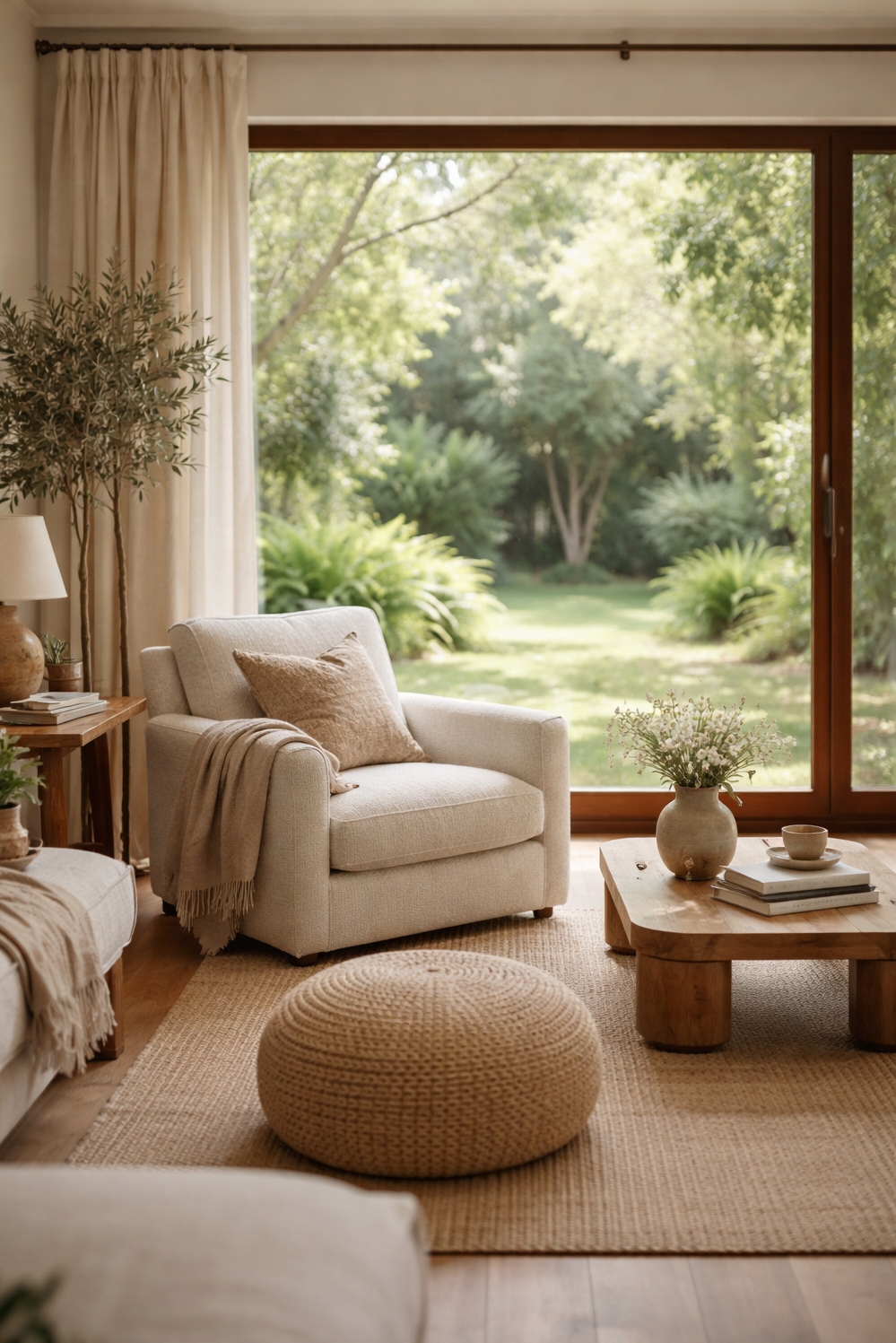 organic neutral living room - Large Window Dominates Neutral Living Room - The large window dominates this organic neutral living...