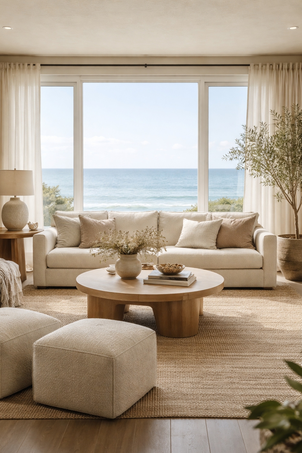 organic neutral living room - Large Windows Frame Ocean View - These large windows pull you right into the...