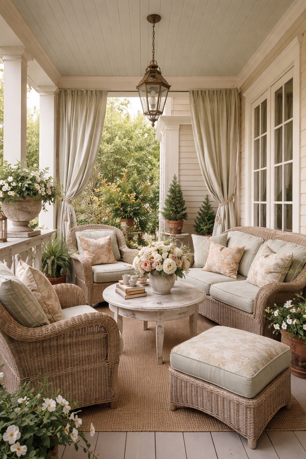 Muted French Country Color ideas - Muted Beige Paint: Calming Porch Backdrop - The muted beige paint on this porch creates...