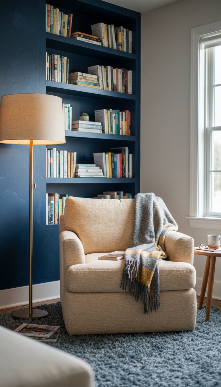 feature wall with lime-wash texture - Navy Lime Wash Wall Draws You In - The navy blue lime wash feature wall draws...