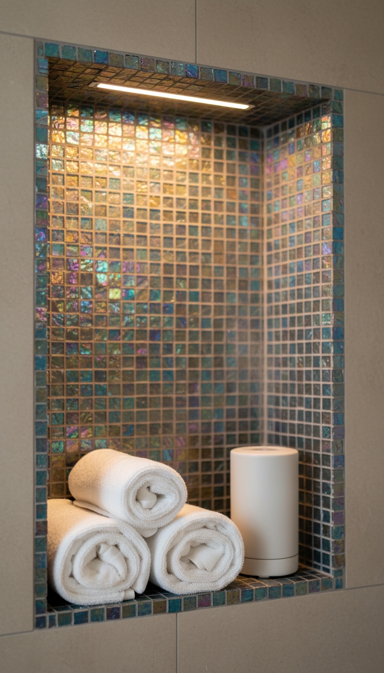 Recess wall niche design ideas - Mosaic Tiles Steal the Show - These iridescent mosaic tiles steal the show. A...