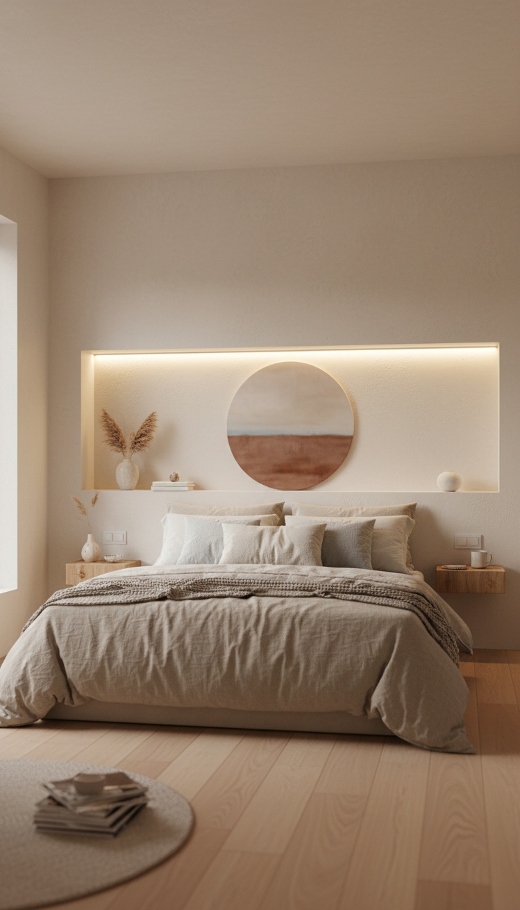 Recess wall niche design ideas - Recess Niche: Clean Lines as Headboard - The recess wall niche acts as a headboard,...