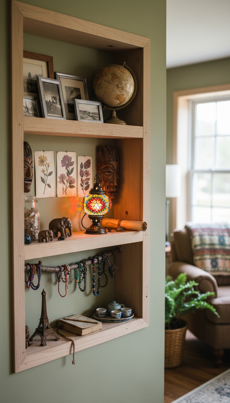 Recess wall niche design ideas - Shallow Recess: Travel Souvenirs Nestled - These travel souvenirs sit nestled in a shallow...