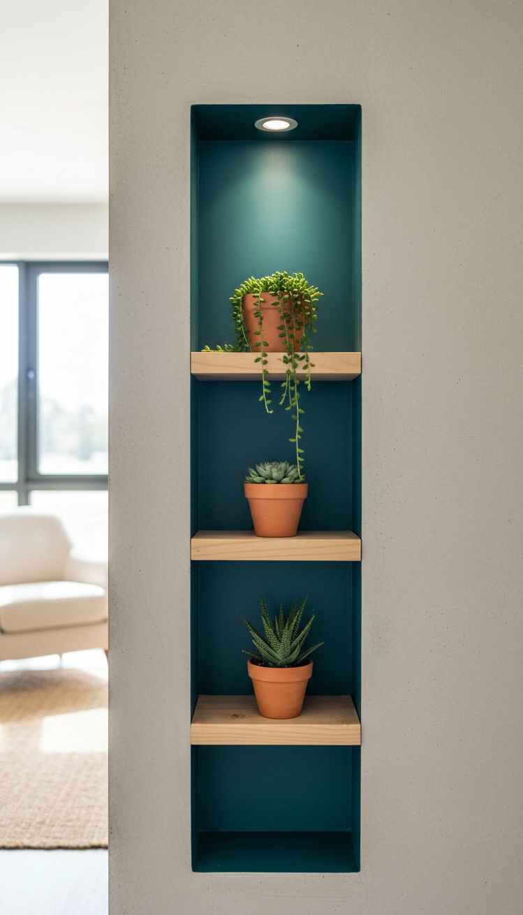 Recess wall niche design ideas - Staggered Shelves Create a Mini Garden - These staggered shelves create a mini-garden inside a...