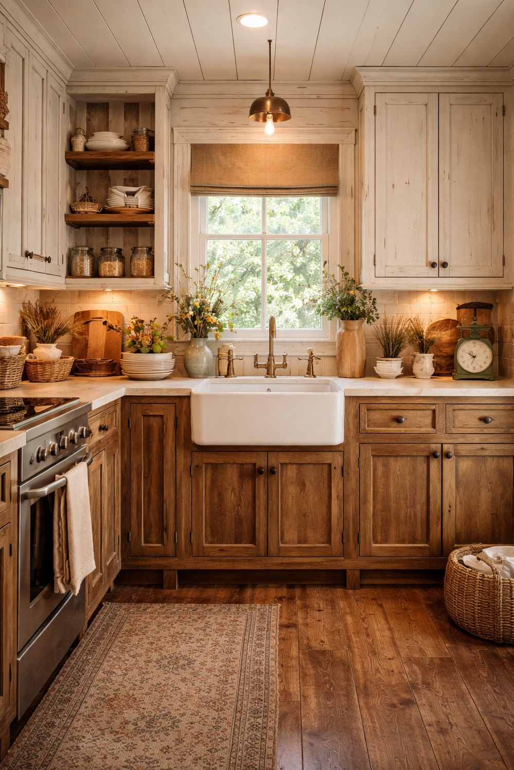 two tones kitchen cabinetss - Distressed White Creates Warm Kitchen Feel - These two tones kitchen cabinetss create a warm,...