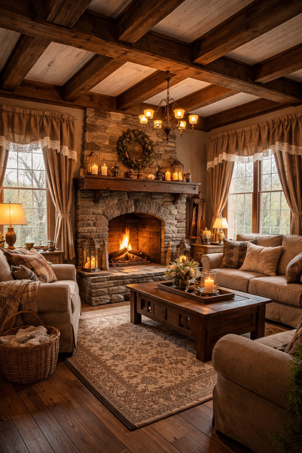 valances for living room - Burlap and Lace: Softened Light - These burlap valances, trimmed with delicate lace, soften...