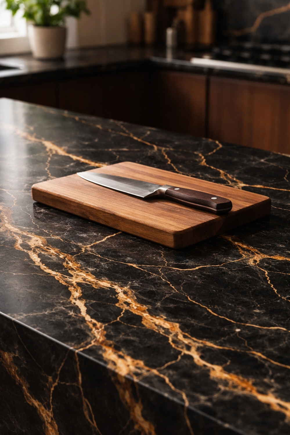 Bold Veined Kitchen Countertops - Dark Marble Countertops Grab Attention - These bold veined kitchen countertops grab your attention...