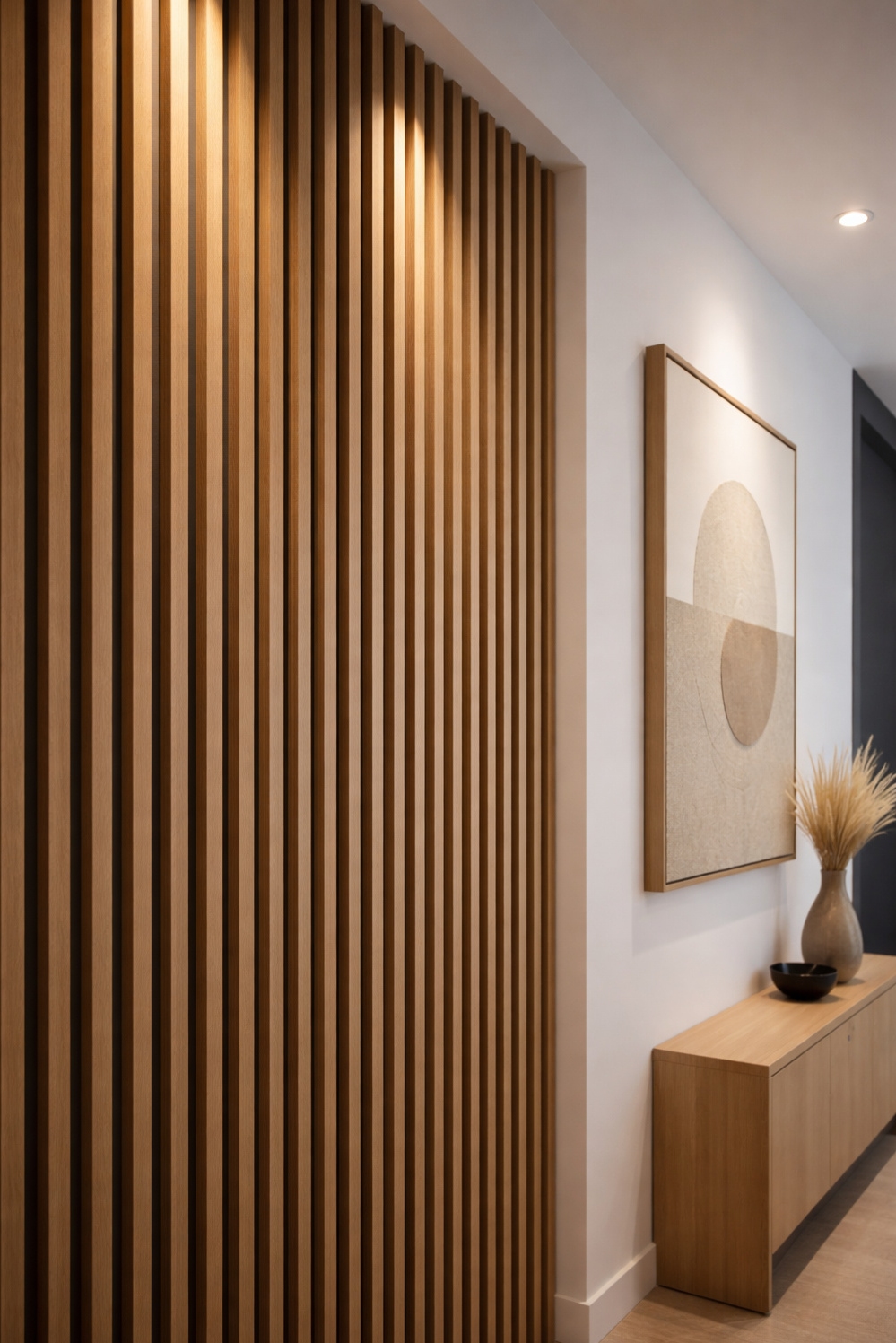 modern wood slat wall ideas - Light Wood Slat Walls: Clean Vibe - These light oak wood slat walls bring a...