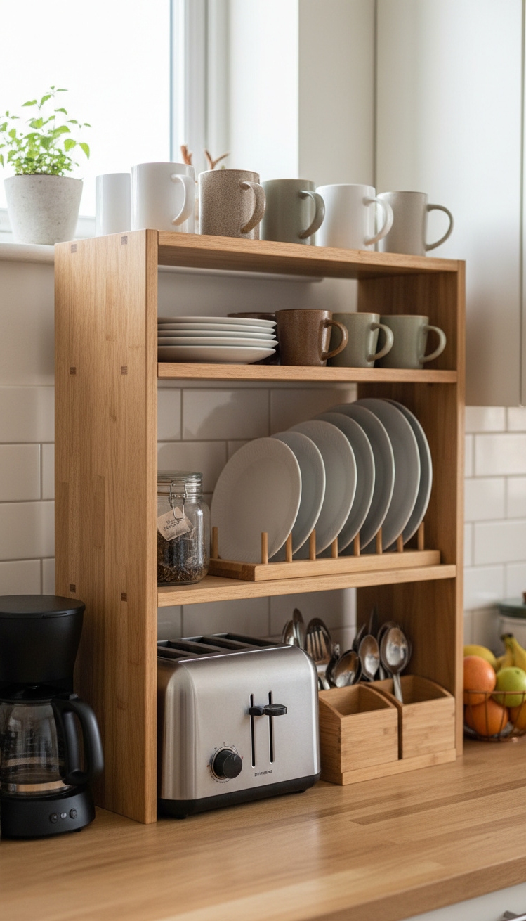 Countertop Hutch for kitchen storage - Pale Wood Hutch: Small Kitchen Order - The countertop hutch, crafted from pale wood, sits...
