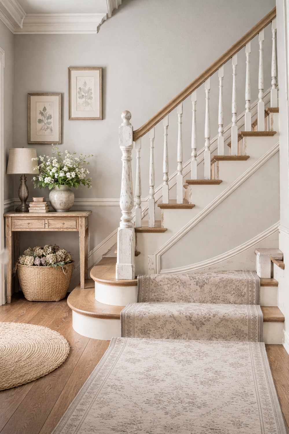 Muted French Country Color ideas - Muted Gray Walls: French Staircase Style - The staircase is showcasing how to nail muted...