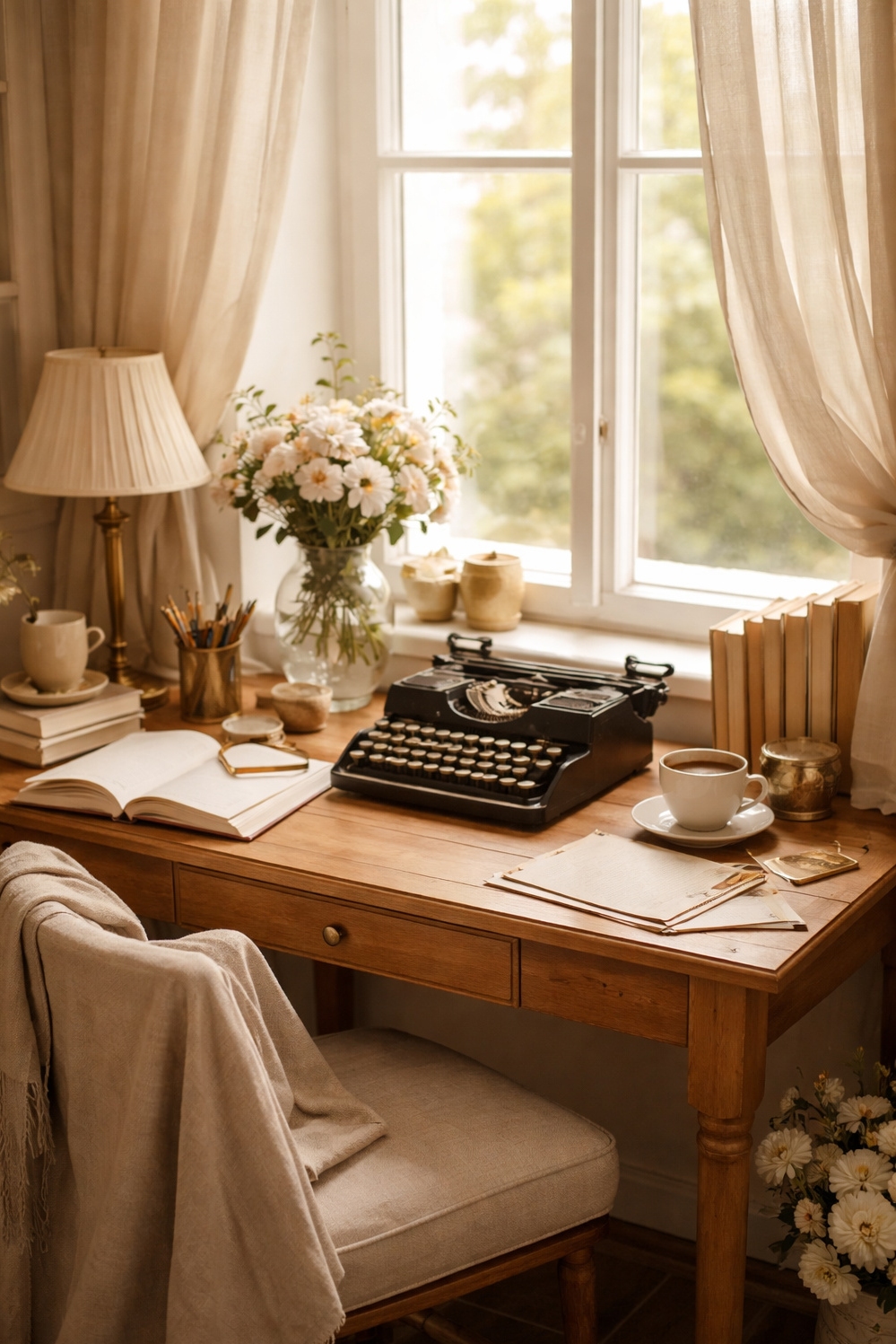 light academia decor ideas - Wooden Desk Anchors Study Area - The wooden desk anchors this study area, and...