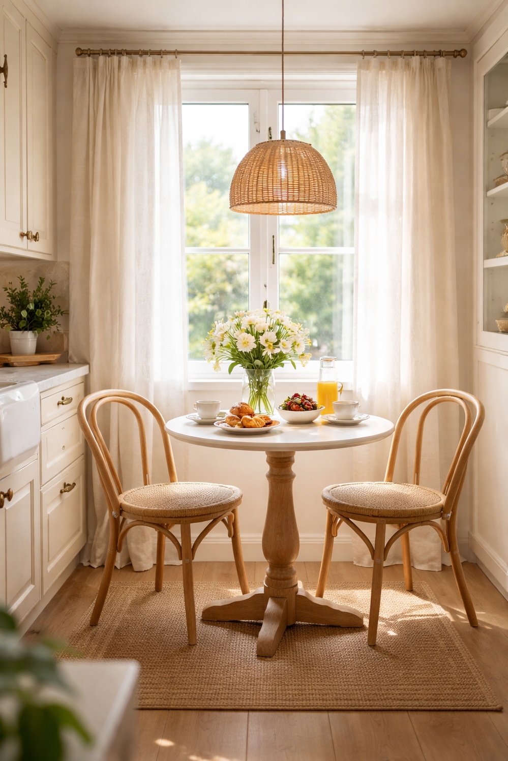 Beige and Cream Kitchen Cabinets - Beige Cabinets: Bright Breakfast Nook - These beige and cream kitchen cabinets anchor a...