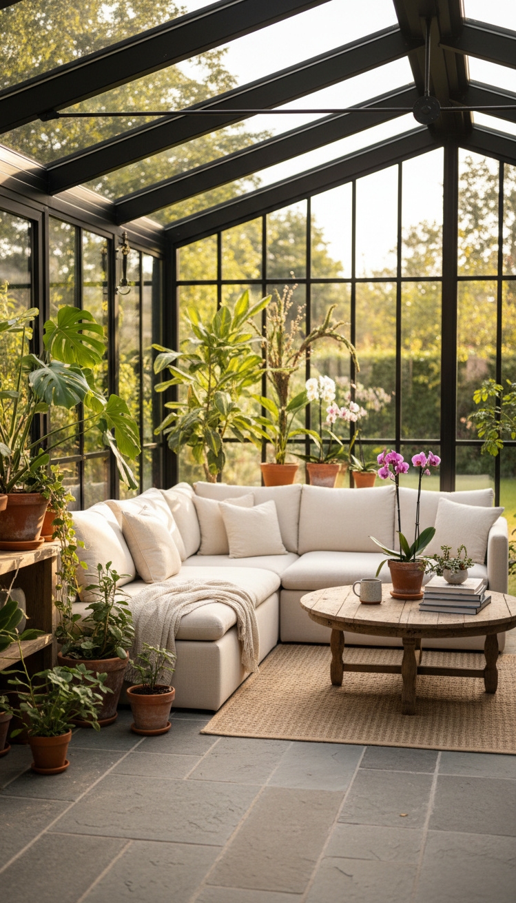 Black window trims - Black Window Trims: Bright Sunroom Contrast - These black window trims create a striking contrast...