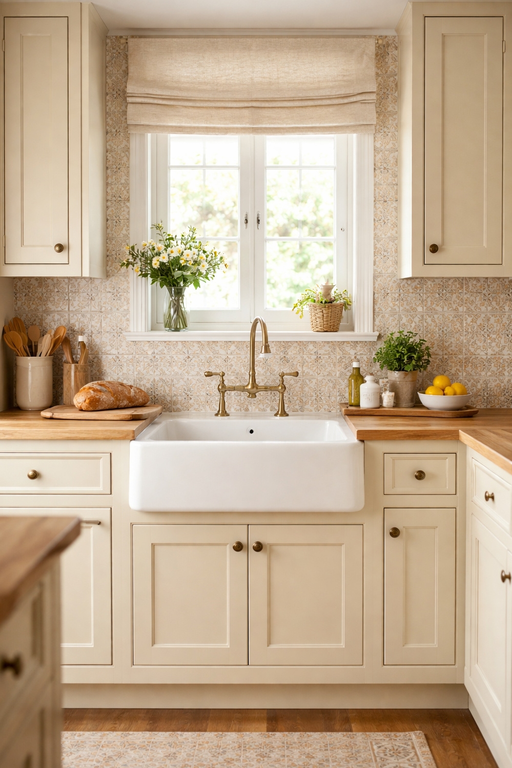 Beige and Cream Kitchen Cabinets - Antique Brass Knobs: Inviting Kitchen Feel - These beige and cream kitchen cabinets feel so...