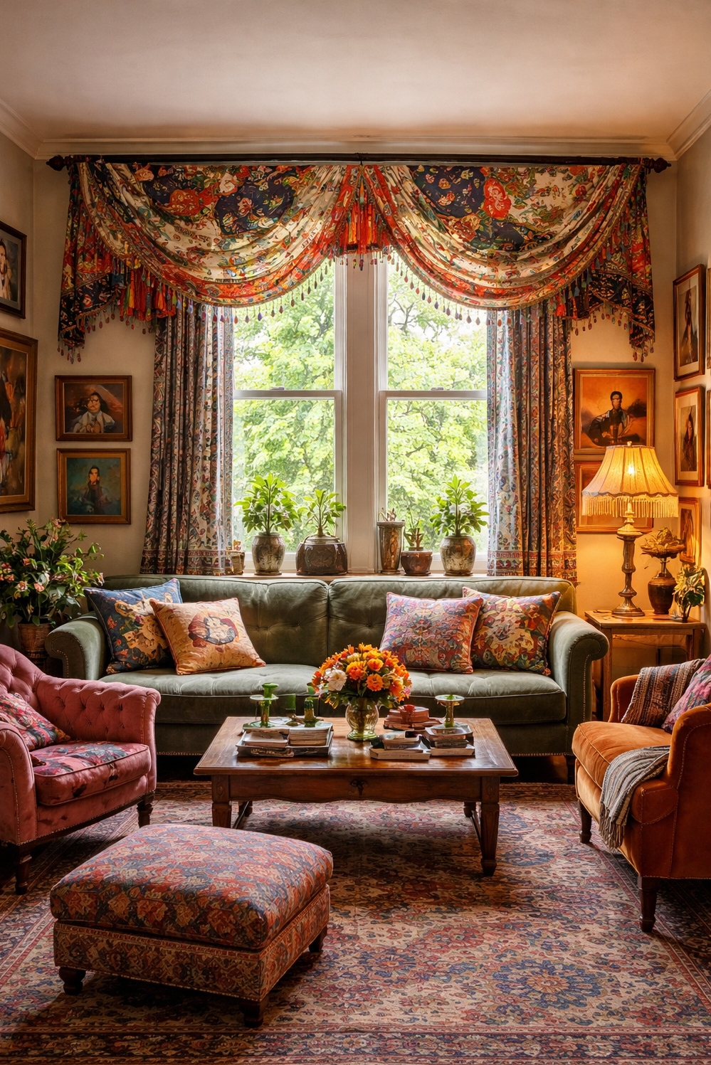 valances for living room - Vintage Scarf Valance: Bright Living Room - The vintage scarf valance steals the show in...