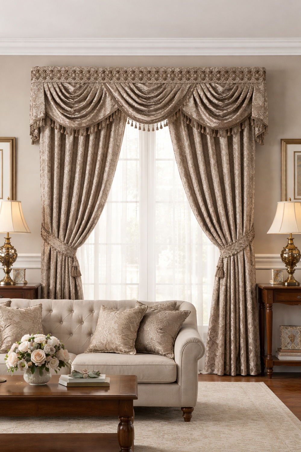 valances for living room - Damask Valances: Formal Living Room Charm - These damask valances bring a touch of formal...
