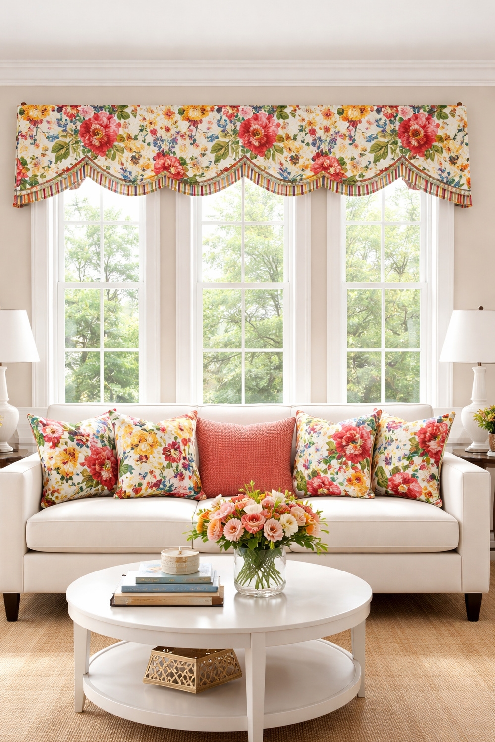 valances for living room - Bold Floral Print: Living Room Color - These floral valances bring a burst of color...