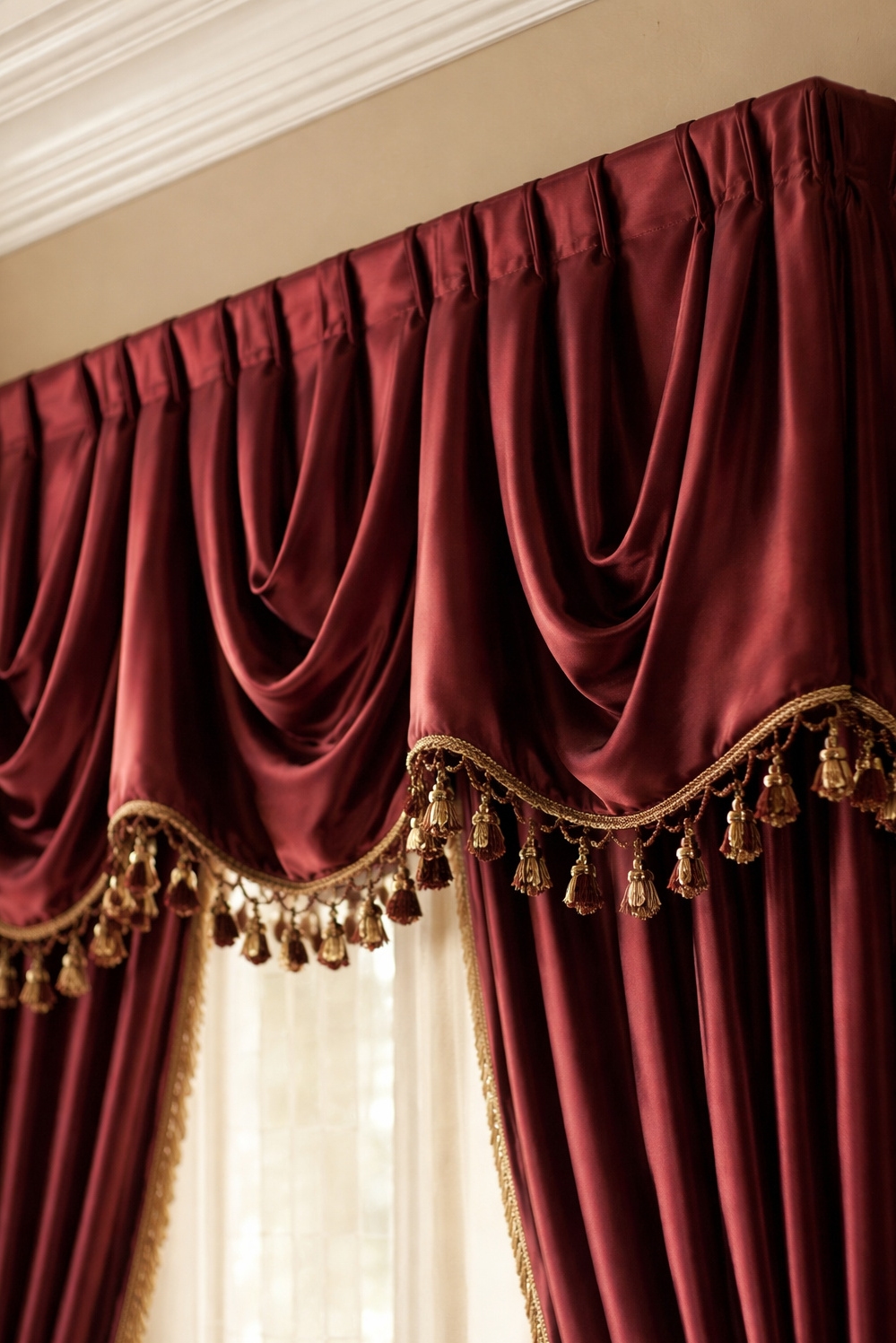 valances for living room - Sharp Pleats, Silk Fabric Look - These box pleats look so sharp. The silk...