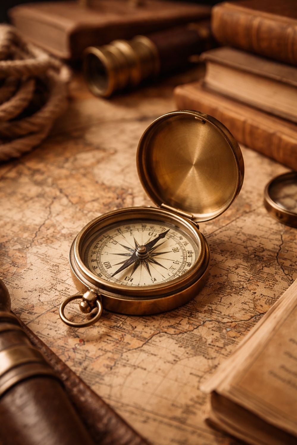 light academia decor ideas - Aged Compass Takes Center Stage - The vintage compass takes center stage, its aged...