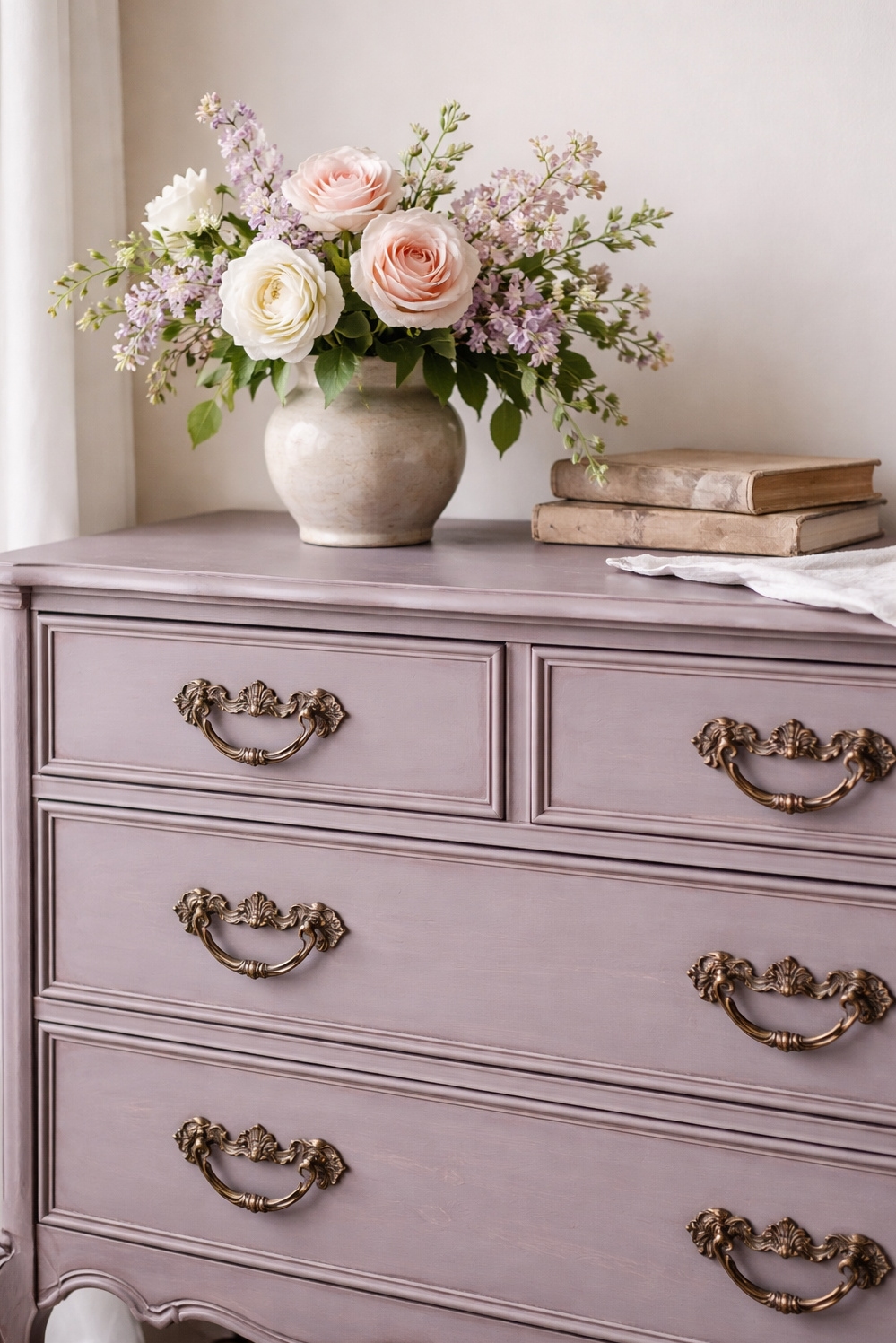 Muted French Country Color ideas - Antique Brass Pulls Catch the Light - These antique brass pulls catch the light just...