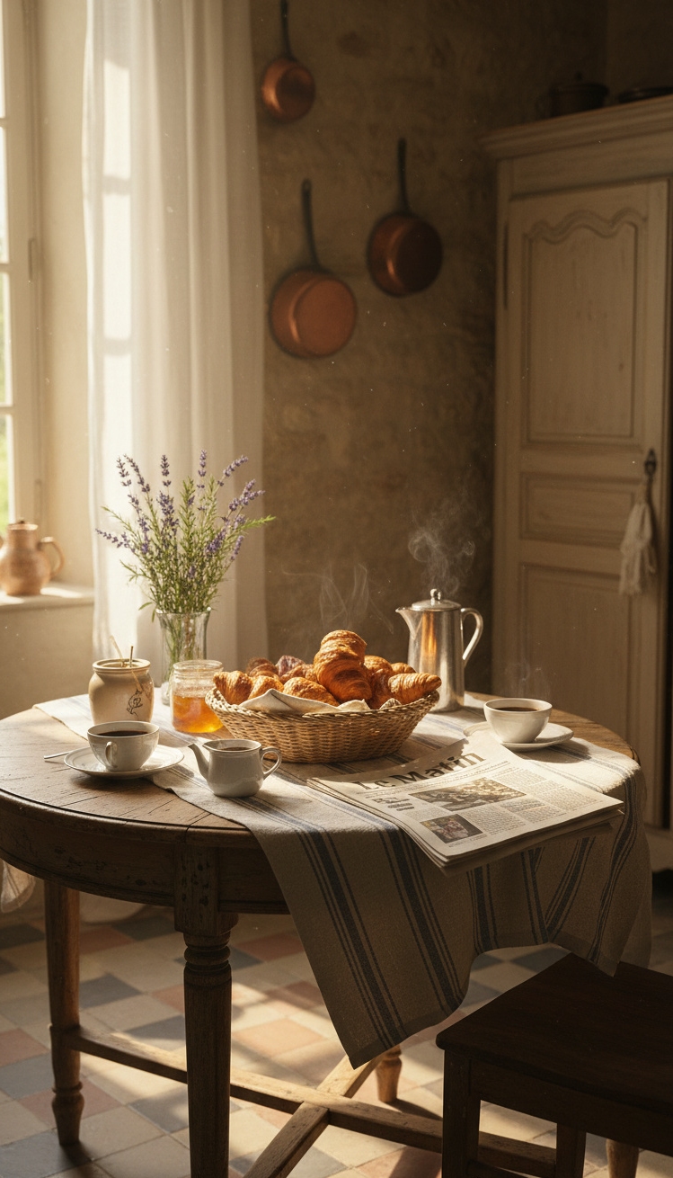 vintage french kitchen - Worn Table Anchors French Breakfast Scene - The worn wooden table anchors this vintage French...