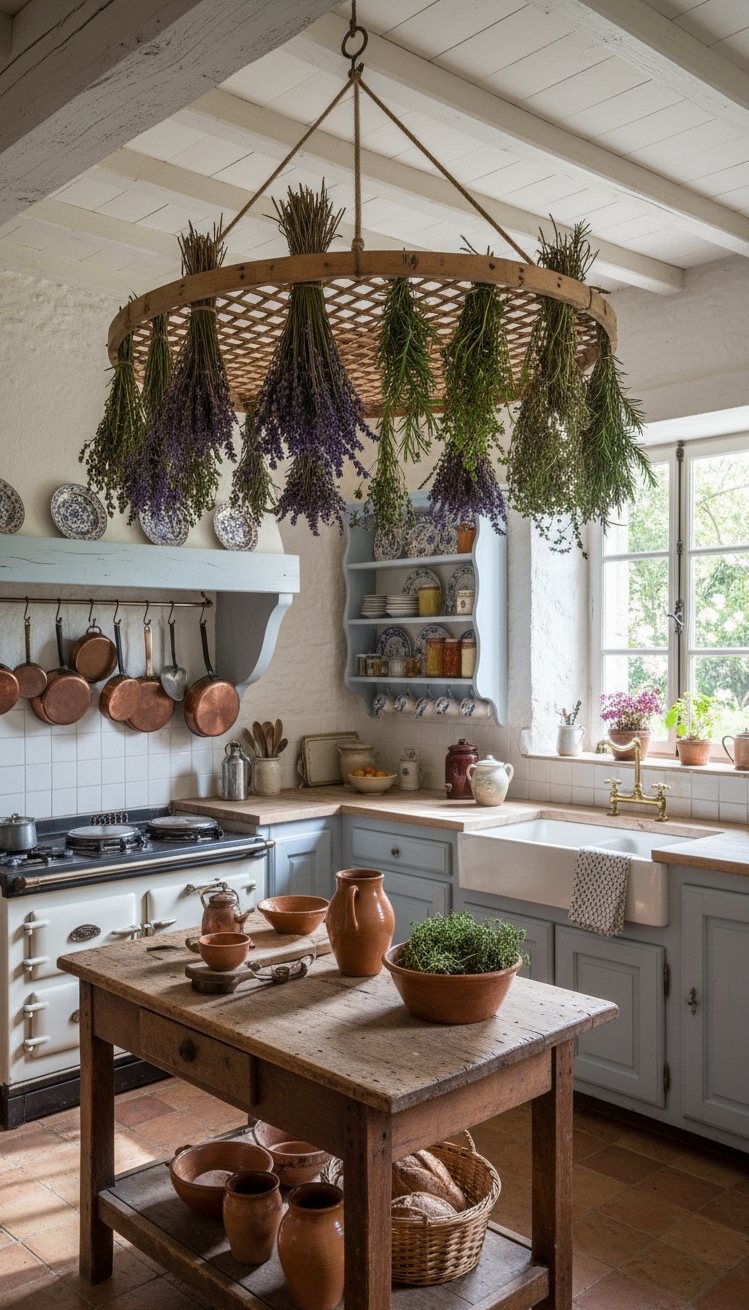 vintage french kitchen - Hanging Herb Dryer Steals the Show - The hanging herb dryer steals the show. Bunches...