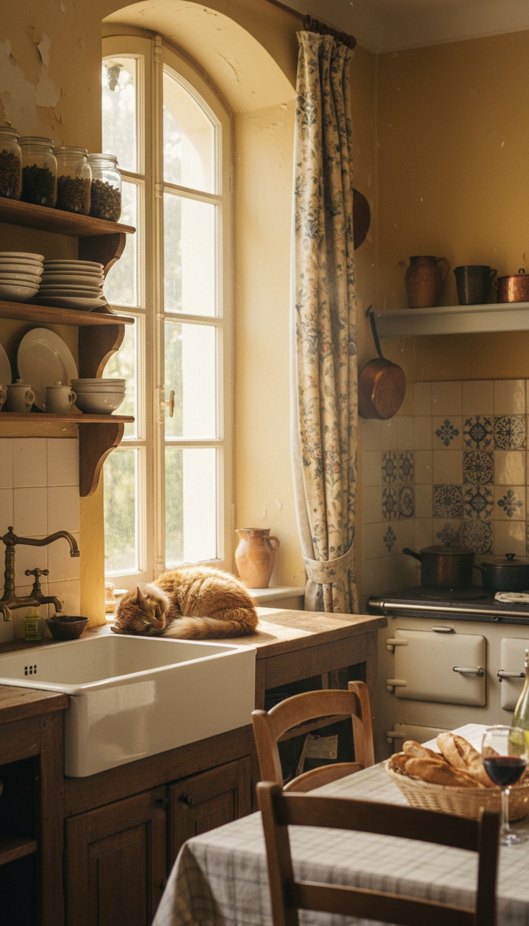 vintage french kitchen - Worn Wooden Cabinets Tell a Story - These worn, wooden cabinets tell a story. Sunlight...