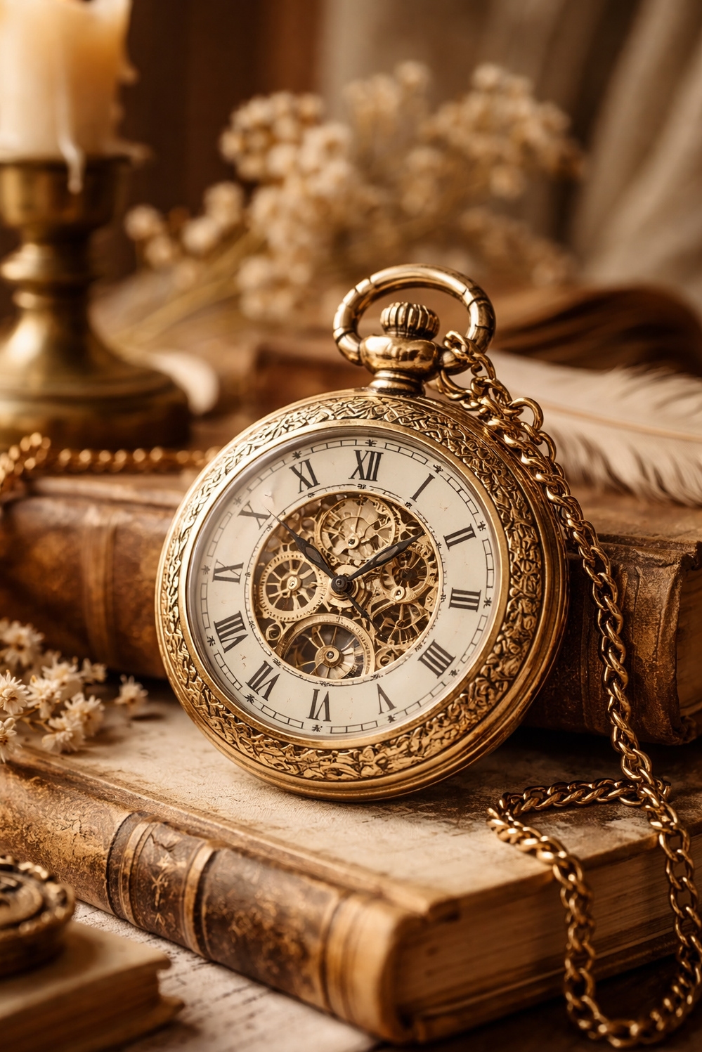 light academia decor ideas - Vintage Pocket Watch: Light Academia Charm - This vintage pocket watch, showcased in a close...