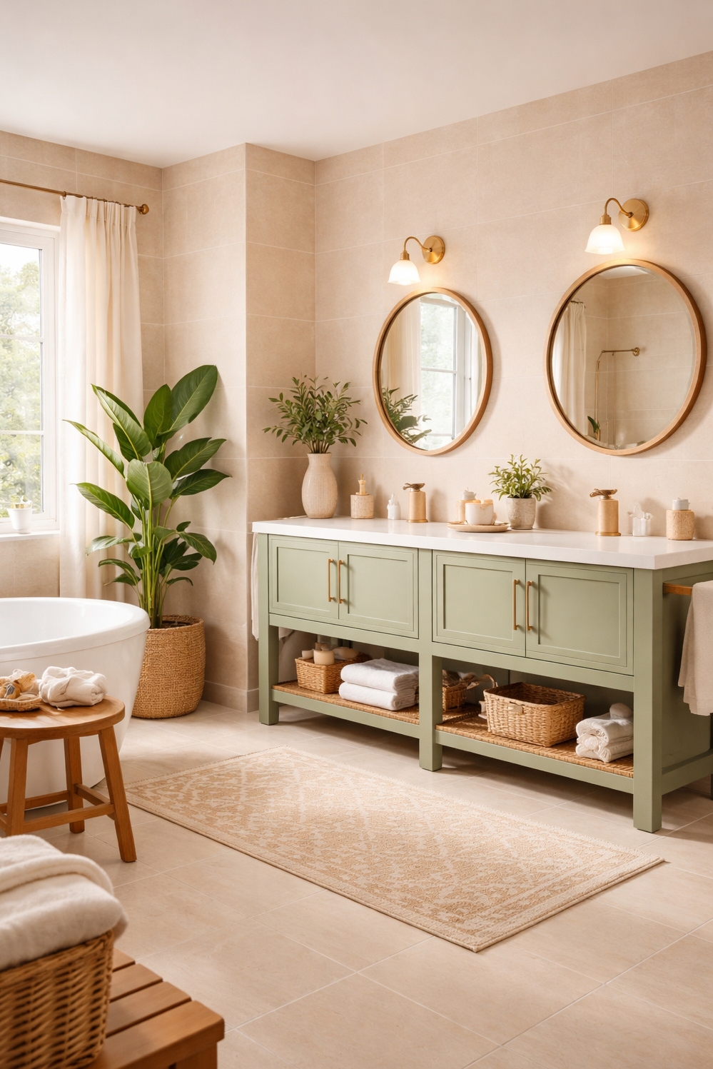 22 Ideas for a Tranquil Beige and Green Bathroom - Refreshing Color: Beige and Green Vanity - The green vanity anchors this bathroom with a...