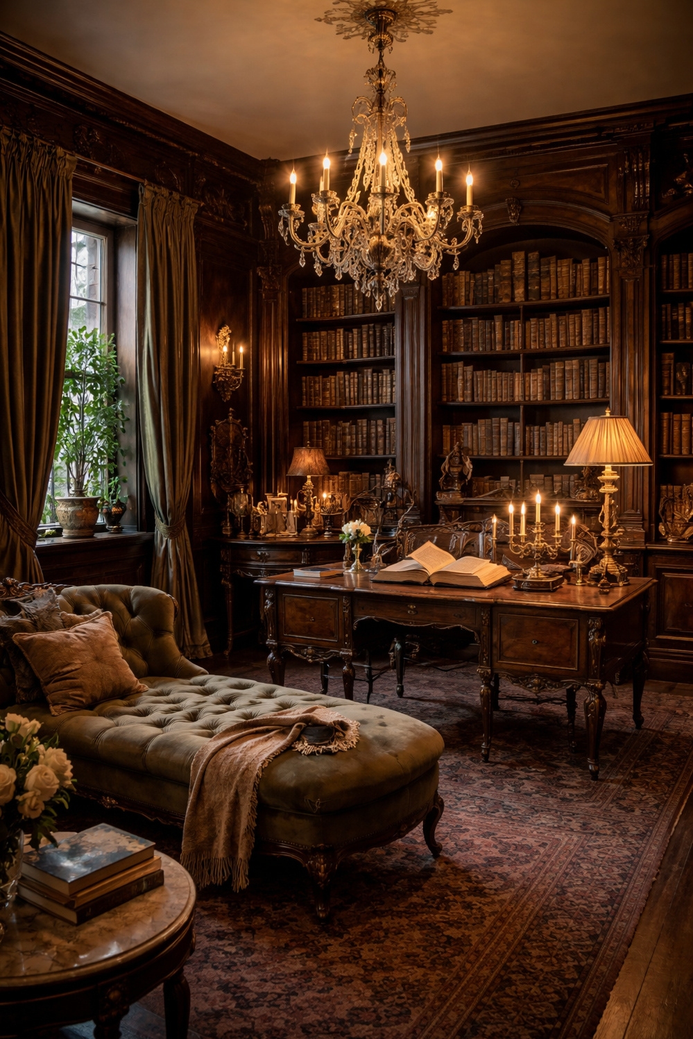 20 Dark Academia French Style Decor Secrets - Vintage Desk Anchors French Room - The vintage desk anchors this room, a spot...