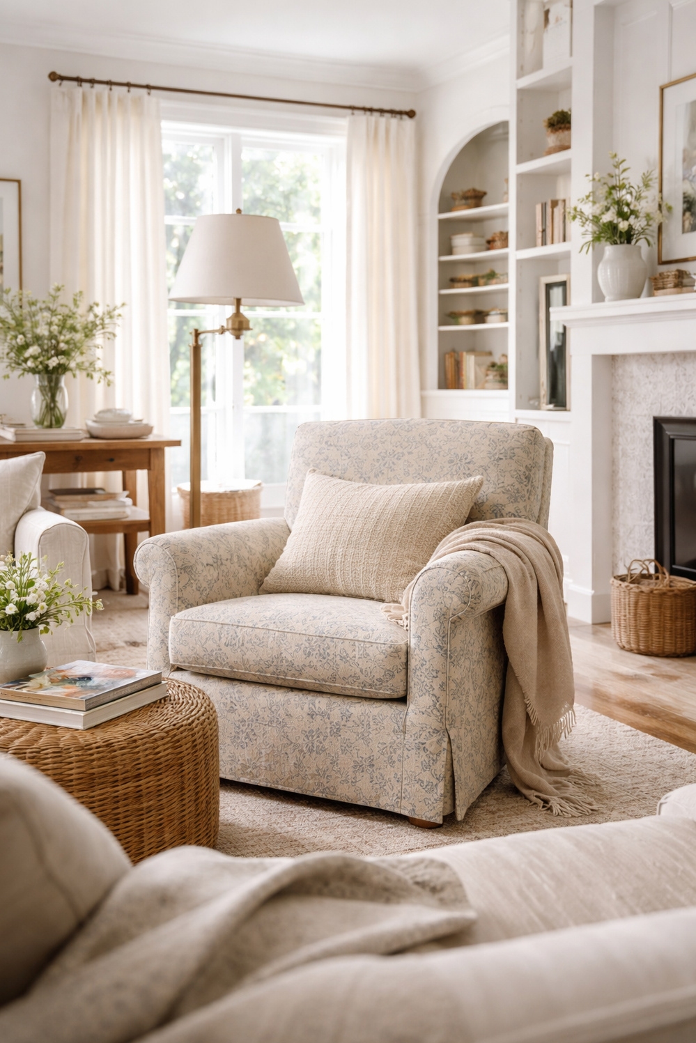 16 Nancy Meyers Interiors Style Examples For Your House - Patterned Armchair: Nancy Meyers Style - The patterned armchair practically begs you to curl...